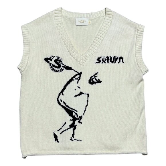 SATURN Los Angeles Graphic Knit Boxy Cropped Fit Jacquard Cotton VEST Men Medium - Picture 1 of 5